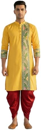 Gouri Collections Full Sleeves Kurta of Jamdani Craftsmanship, Perfect for Weddings, Parties, Poojas, Festivals etc. (GC503) (in, Alpha, L, Regular, Yellow)