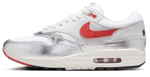 Nike Air Max 1 Prm para hombre, Blanco/plateado metálico/gris neutro/rojo chile, 43 EU