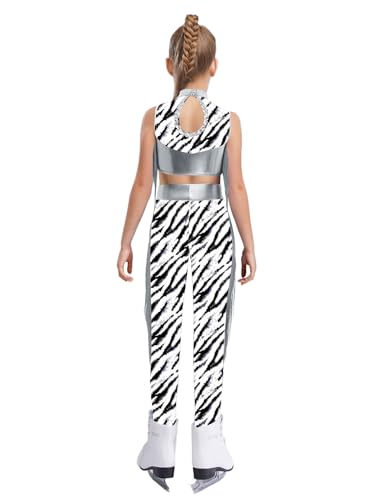 YEAHDOR Girls Hip Hop Jazz Dance Outfits Zebra Print Metallic Crop Tops and Skinny Leggings Athletic Outfits Silver 14 Years2