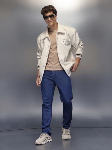 Image of WROGN Men Cotton Blend Jeans | Solid | Mid Rise | Slim Fit