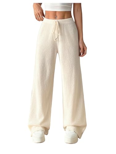 Women's Ribbed Wide Leg Pants Knot Front Elastic Waist Long Pants Trousers