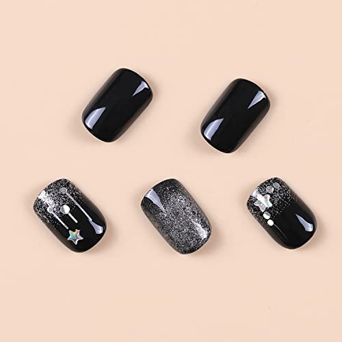 2 Pack 3D Rose Press On Nails Short For Women E&A Almond Cat Eye Fake Nails Black Magnetic False Nail Tips (Art11) #TOP2
