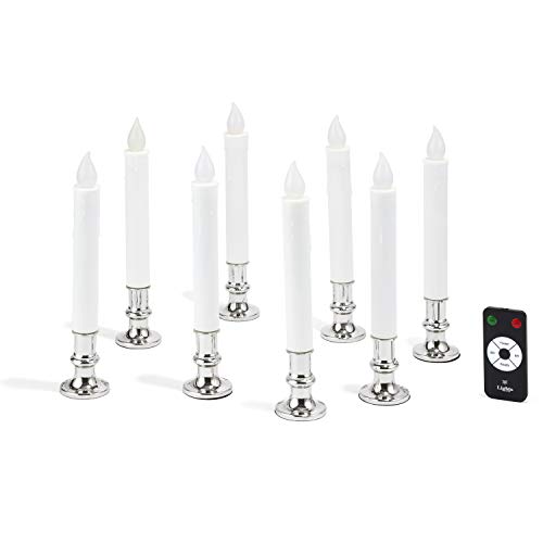 Christmas Window Candles with Silver Holders - Battery Operated White Flameless Taper, Removable Base, Flickering LED Light, Auto Timer, Remote Control & Batteries Included - Set of 8 - Thumbnail 5