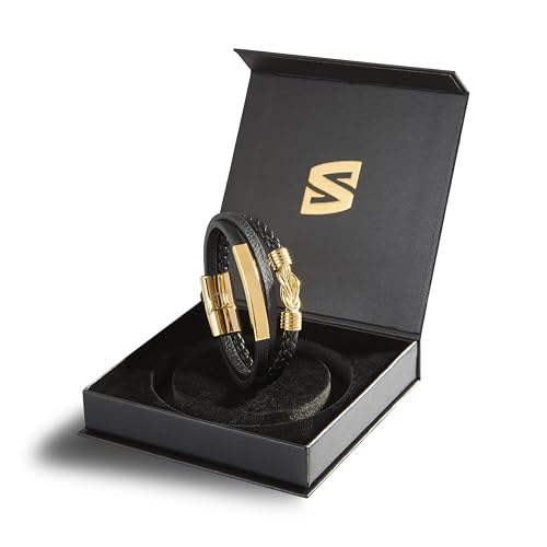 SERASAR Men Bracelets 23cm Gold Gift Box Genuine Leather Cowhide Braided Adjustable Magnetic Clasp Multi Layer Wrap Jewellery Rope Man Mans Male Boy Boys Mens Band Accessories