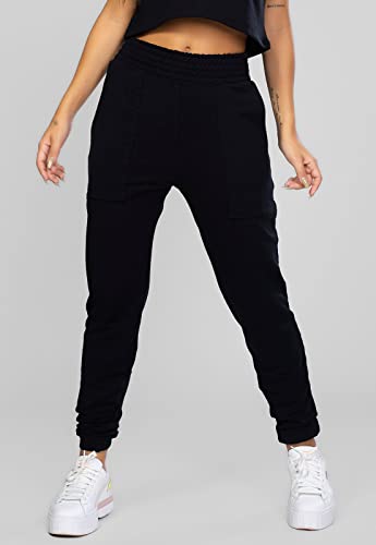 Calça Jogger Moletinho Feminina Com Bolso Cintura Alta Moda Blogueira Inverno Roupa (P, Preto)