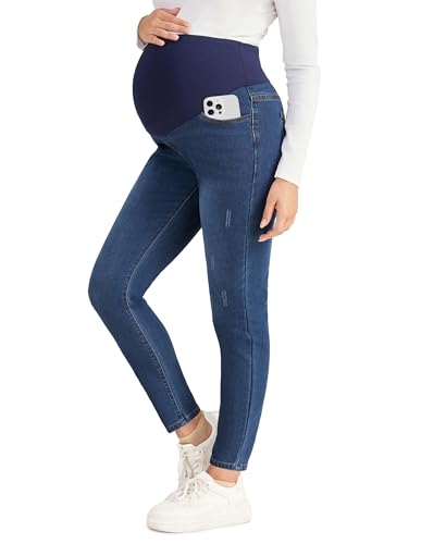 BRATUC Maternity Skinny Jeans for Women Over the Bump Maternity Pants Comfy Slim Pregnancy Denim Pants with Pockets (Large Blue) — view 5