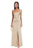 Women's Cowl Neck Satin Bridesmaid Dresses with Slit for Wedding Guest Sleeveless Spaghetti Straps Long Champagne Formal Dress 2026 Elegant Satin Mermaid Floor Length Formal Evening Dress US2