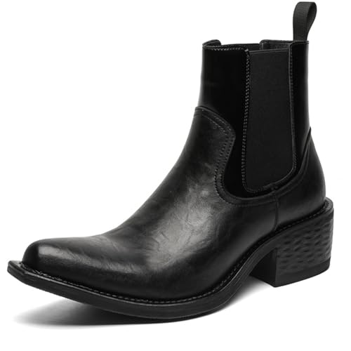 Men's Pointed Toe Chelsea Ankle Boots Leather Elastic Slip On Low Heel Western Dress Boots High Top Business Formal Chukka Boots