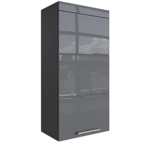 Newroom Kommode Badezimmer Schrank Grau Hochglanz mit viel Stauraum - 37x79x31 cm (BxHxT) - Badezimmerschrank Badkommode Badezimmermöbel - [Trinity.Ten]