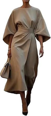 Womens Elegant Lantern Sleeve Belt Dress Round Neck Bat Sleeve Belt High Waist Bohemian Midi Dresses