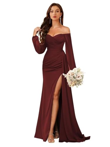 Satin Long Sleeve Bridesmaid Dresses with Split Mermaid Prom Dress Off Shoulder Formal Party Gowns NSY024