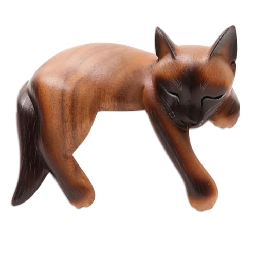 Estatuilla artesanal de madera gato siamés durmiendo