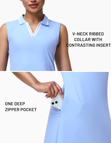 Image of MIER Golf Dresses for Women V Neck Sleeveless Dress with Zip Pocket | For Tennis Pickleball Travel Casual, Soft Breathable, 4-Way Stretch Light Flowy, Ribbed Collar, Reflective Logo, Wrinkle Free