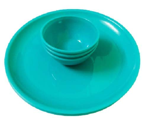 Coolkart Dinner Plates and 4 Curry/Dessert Bowls Combo, Made of Food-Grade Virgin Plastic, Break-Resistant, Microwave and Dishwasher-Safe (Sea Green) – Set of 2