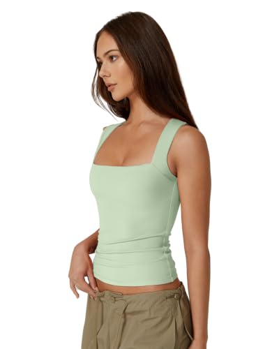 Image of QINSEN Women's Square Neck Sleeveless Double-Layer Tank Tops Basic Tight T Shirts
