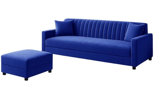 Image of 3 Seater Wooden Sofa Set with Ottoman, Velvet Fabric Sofa for Living Room, Office & Guest Spaces, Durable Frame - Blue Color