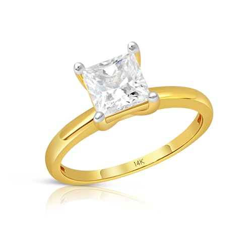 MAX + STONE 1.5 Carat Princess Cut Cubic Zirconia Solitaire Engagement Ring for Women in Solid 14k White or Yellow Gold 5.5 mm Square CZ Ring Size 5 to 9