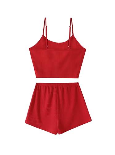 Image of Hilinker Womens Graphic 2 Piece Pajama Set Summer Cute Crop Cami and Shorts Ribbed Lounge Sets