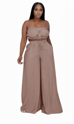 Image of Two Piece Sets for Women Summer Outfits Crop Tops and Wide Leg Pants Sets Sexy Jumpsuits Vacation Outfits with Pockets