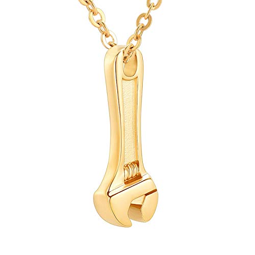 Tool Wrench Urn Pendant Necklace for Ashes Stainless Steel Men Keepsake Locket Memorial Cremation Jewelry Urn Necklace for Human Adult(Gold)