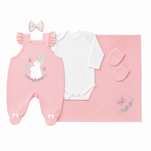 Saída Maternidade Menina 05 Peças Ternura Jardineira Roupa de Bebê Menina (Rose)