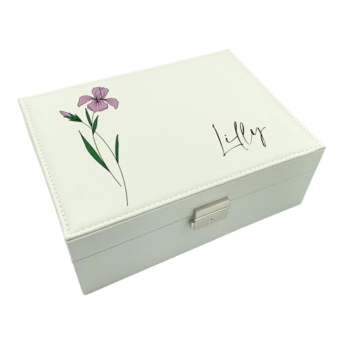 Personalised Birth Flower Jewellery Box, White Faux Leather, 23cm x 17.5cm x 9cm, Blush Leatherette, Peach Faux Suede Lining, Necklace Holder, Ring Roll, 6 Compartments