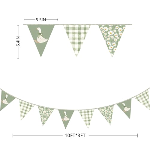 Image of 30 Ft Silly Goose Party Decorations Sage Green Buffalo Plaid Floral Daisy Pennant Banner Flag Hanging Paper Triangle Bunting for Silly Goose Birthday Wedding Shower Neutral Party Decorations Supplies
