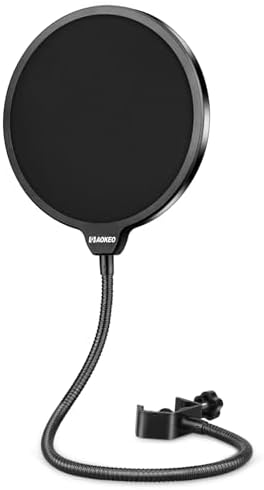 Aokeo Profesjonalny mikrofon pop filtr maska osłona do Blue Yeti i każdego innego mikrofonu, mikrofon dwuwarstwowy ekran przeciwwiatrowy z elastycznym klipsem stabilizującym 360° na gęsią szyję