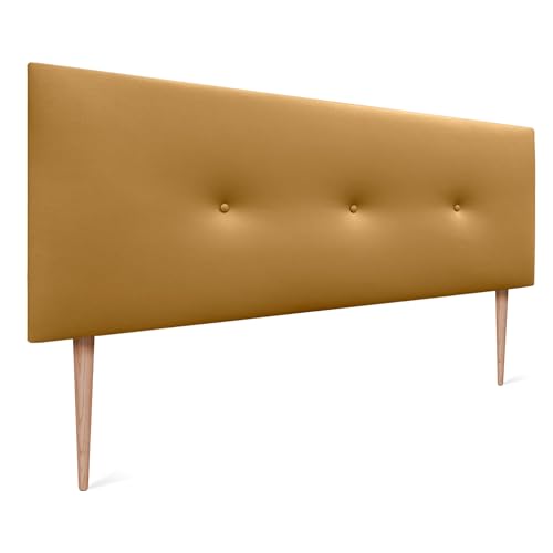 DHOME Cabecero de Polipiel o Tela Acualine Liso con Botones y Patas Tapizado de Alta Gama Cabezal Lujo Cama Dormitorio Moderno Acolchado (Polipiel Dorado, 160x105cm (Camas 150/160))