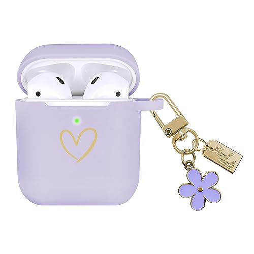 AIIEKZ Compatible with AirPods Case Cover, Soft Silicone Case with Gold Heart Pattern for AirPods 2&1 Generation Case with Pendant Keychain for Girls Women (Purple)
