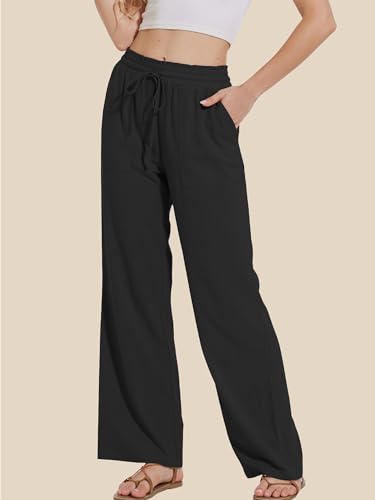Moss Rose Women's Linen Pants Drawstring High Waisted Flowy Wide Leg Palazzo Trousers with Pockets4