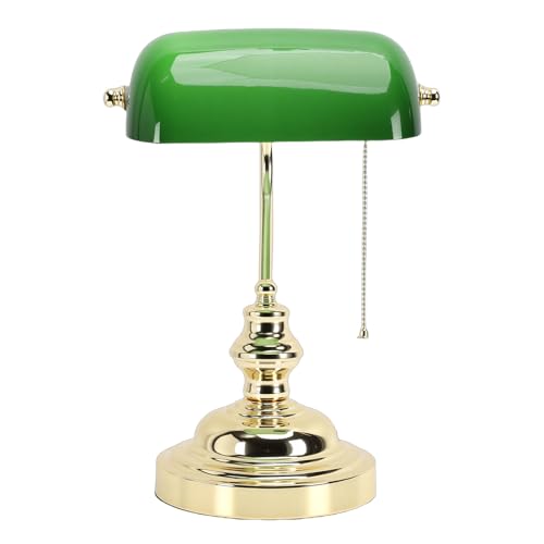 Hyuduo Lampada da Scrivania da Banchiere in Vetro Verde, con Interruttore a Catena Paralume in Vetro Soffiato a Mano Lampada da Tavolo Vintage Anticata 14,96x10,24x7,09 Pollici (Spina europea 220V)