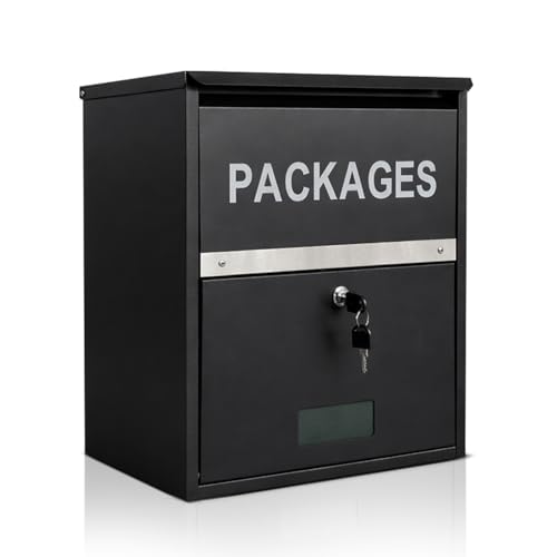 BELOFAY Wall & Floor Mounted Parcel Box Lockable Outdoor Parcel Delivery Box Weatherproof Steel Drop Box with Flip Lid & Secure Front Door Access Black 45 x 36 x 25 cm