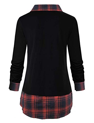 Image of Oyamiki Women's Casual Collared Curved Hem 2 in 1 Pullover Tops Plaid Contrast Shirt Blouse