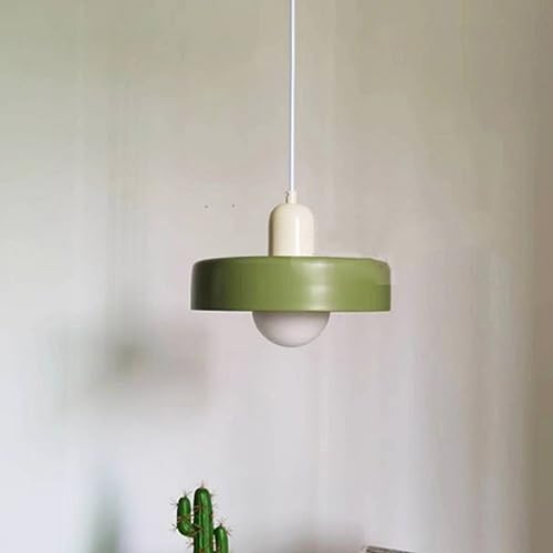 Lampe suspendue vintage en verre vert avec son abat-jour en céramique
