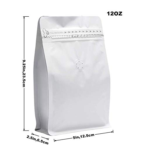 Image of White Kraft Paper Coffee Bags, Stand Up Coffee Pouches with One Way Degassing Valve and Reusable Side Zipper (Pull Tab to Open) Flat Bottom - Stand Up Well (50pieces / 12oz, 340gram)