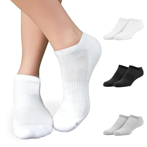Men's Ankle Socks, 6-Pack, Comfortable Cushioned Toe & Elastic Secure Fit, Combed Cotton - 2 White, 2 Black, 2 Grey, One Size (10-12)