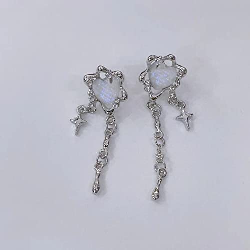 Moonstone Heart Stainless Steel Earrings For Women Teen Girls Tassel Silver Star Dangle Earrings Dangling Y2k Earinging Earrings2