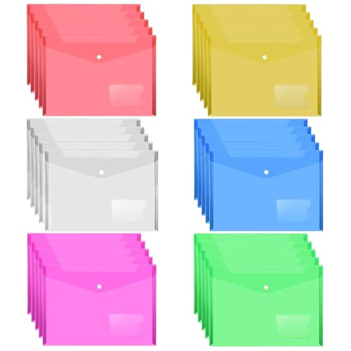 MerryNine File Folders, 30 Pack A4 Letter Size Plastic Envelopes with Label Pocket, Colored Waterproof File Folder Document Folder for School Home Work Office Organization, 6 Assorted Color