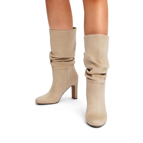 Dream Pairs Slouch Boots For Women Mid Calf, Women'S Fashion Almond Toe High Heel Fall Winter Dressy Boots,Size 9,Sandy Beige-Suede,Sdmb2407W thumb #5