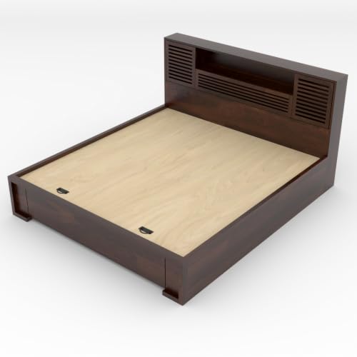 Image of Kunjal Furniture Solid Sheesham Wood Bed with Headboard & Box Storage - Handcrafted Wooden Bed for Bedroom - Ideal for Home (Flyding Walnut, King Size)