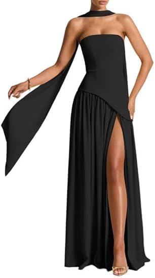 Women's Elegant Strapless High Slit Tube Dress Flowy Evening Wedding Guest Maxi Dresses with Scarf - Image 2