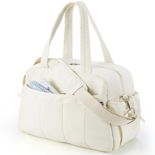 Puffer Gym Bag for Women, Travel Duffle Bag for Airplanes with Wet Pocket, Small Weekender Bags for Women, Carry on Workout Overnight Duffel Bag for Hospital, Sport, Yoga, White