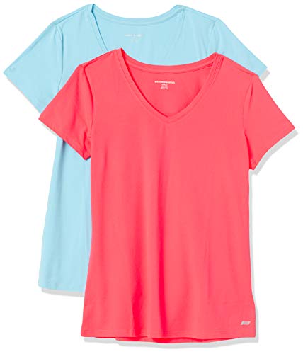 Amazon Essentials Women's 2-Pack Tech Stretch Short-Sleeve V-Neck T-Shirt, Blue Topaz/Neon Pink, X-Large