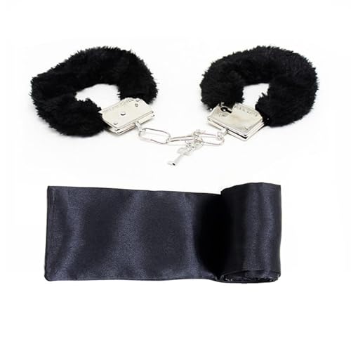 Fluffy Handcuffs and Blind Folder Set, Metal Handcuffs Satin Blindfold Adults Kids Role Play Game Cosplay Party Costume Accessories (Black)