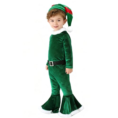 TAGVO Disfraz de Elfo para Bebé Niña - Conjunto Navidad Cosplay Mi Primera Navidad 3 PC Set con Ropa, Pantalones, Diadema Sombrero - Regalos para Niñas 1-9 Años