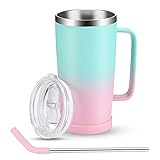 Sursip 20 oz Stainless Steel Mug,1Pack Double Wall Vacuum Insulated Water Mug with Handle/Lid/straw,Beer Tumbler,Cold & Hot Drinks,Coffee/Travel/Home/Office/Gift(Blue&Pink)