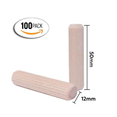 ALBO Wooden Dowel Pins 12x50 mm (Approx 1/2" x 2") Fluted Wood Dowels Rods 100 Pack Hardwood Crafts Dowel Pegs