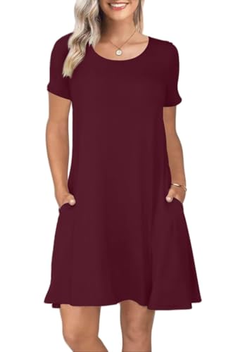 REGAI Women's Summer Dresses with Pockets Tshirt Sundress, WineRed, M