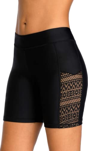 Attraco Damen Badeshorts Hohe Taille Kurze Badehose Schnell Trocknendes Wassersport Boardshorts Schwimmhose Schwimmshorts Schwarz M
